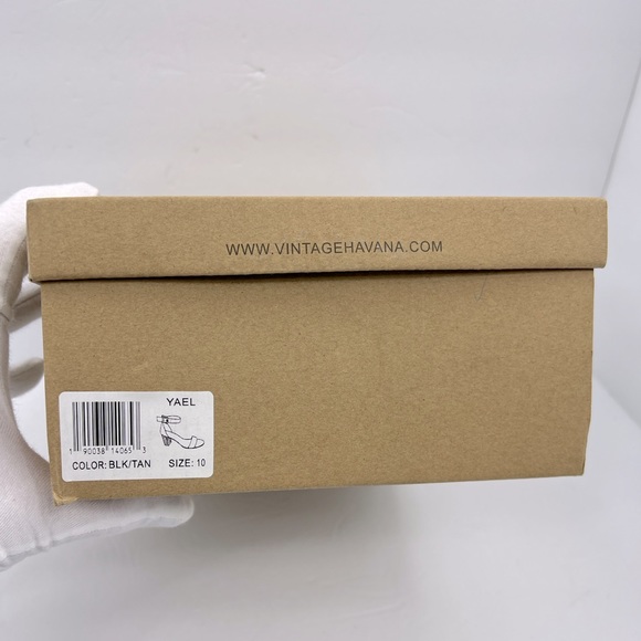 VINTAGE HAVANA, BLACK & TAN OPEN TOE MIDTOP, ADJUSTABLE ANKLE LOOP WITH BUCKLE - Picture 14 of 14